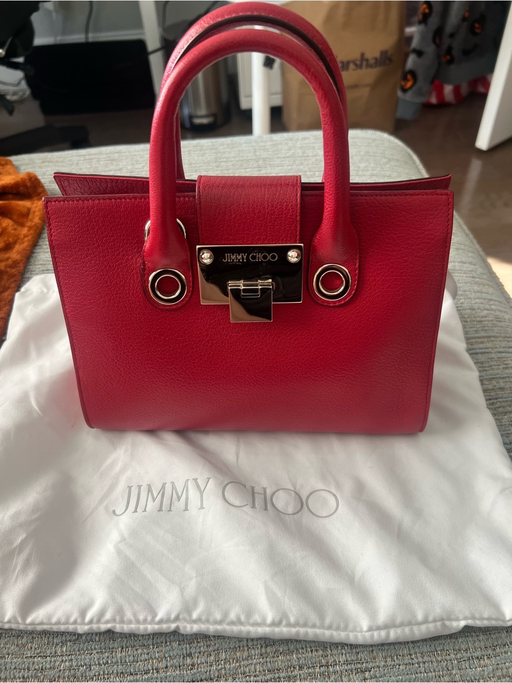 Jimmy Choo Red Pebbled Leather Top-Handle Crossbody with Gold Hardware